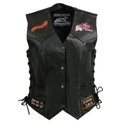 Event Leather ELL4900 Women's Classic Black Genuine Leather Side Laced Motorcycle Riders Vest w/ 9 Patches