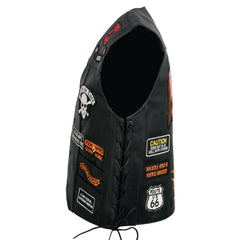 Event Leather ELM3920 Men's Black Leather Pre-Patched Bikers Vest w/ 6 Pockets - 23 Patches and Side Laces