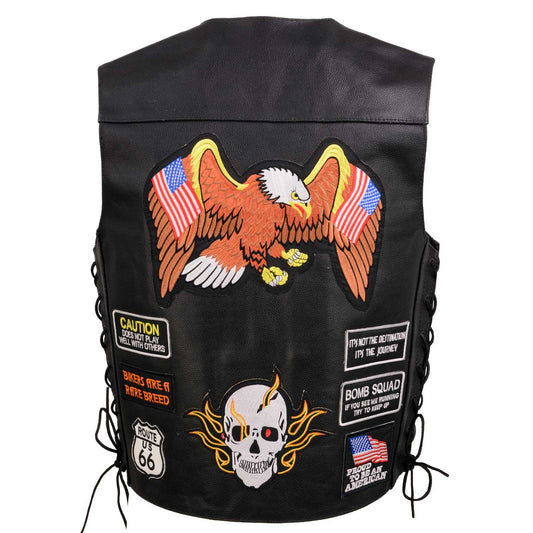 Event Leather ELM3920 Men's Black Leather Pre-Patched Bikers Vest w/ 6 Pockets - 23 Patches and Side Laces