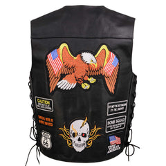 Event Leather ELM3920 Men's Black Leather Pre-Patched Bikers Vest w/ 6 Pockets - 23 Patches and Side Laces