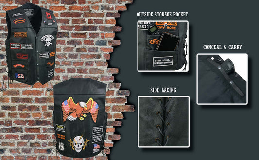 Event Leather ELM3920 Men's Black Leather Pre-Patched Bikers Vest w/ 6 Pockets - 23 Patches and Side Laces
