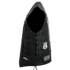 Event Leather ELM3930 Men’s Black Motorcycle Riders Leather Vest w/ 9 Patches and Adjustable Side Laces