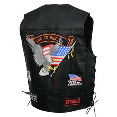 Event Leather ELM3930 Men’s Black Motorcycle Riders Leather Vest w/ 9 Patches and Adjustable Side Laces