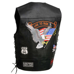 Event Leather ELM3930 Men’s Black Motorcycle Riders Leather Vest w/ 9 Patches and Adjustable Side Laces