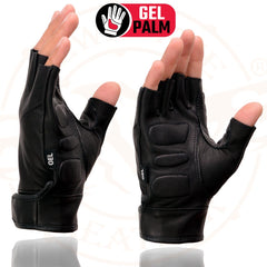 Milwaukee Leather MG7585 Men's Black Leather Full Panel Fingerless Gloves with Gel Palm