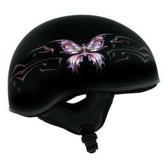 Hot Leathers HLD1052 DOT Skull Cap Half Helmet - Flat Black with Purple Butterfly Design for Men and Women Bikers