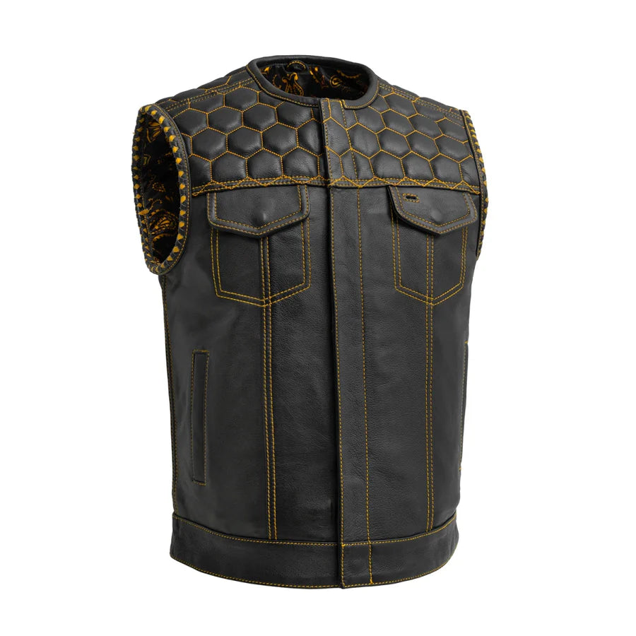 FIM049CDM-GLD-Hornet Men's Club Style Leather Vest