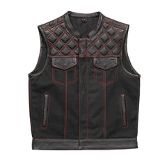 FIM664CNVQ-Hunt Club Motorcycle Leather Canvas Vest Black/Red