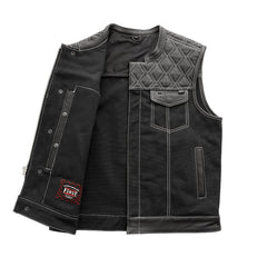 FIM664CNVQ-Hunt Club Motorcycle Leather Canvas Vest White Stitch
