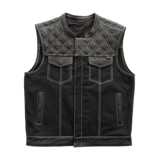 FIM664CNVQ-Hunt Club Motorcycle Leather Canvas Vest White Stitch