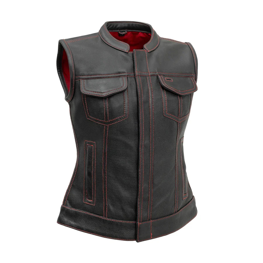 FIL027PERF-BLKRD-Jessica Perforated Women's Motorcycle Leather Vest