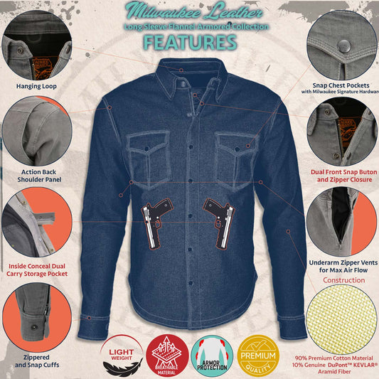 Milwaukee Leather MPM1621 Men's Grey CE Armored Long Sleeve Motorcycle Riders Shirt w/ Reinforced w/ Aramid Fibers