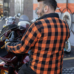 Milwaukee Leather Men’s Two-Tone CE Orange and Black Armored Flannel - Solid Front / Plaid Back - Reinforced w/ Aramid Fibers - MPM1672