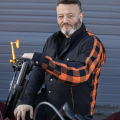 Milwaukee Leather Men’s Two-Tone CE Orange and Black Armored Flannel - Solid Front / Plaid Back - Reinforced w/ Aramid Fibers - MPM1672