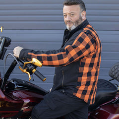 Milwaukee Leather Men’s Two-Tone CE Orange and Black Armored Flannel - Solid Front / Plaid Back - Reinforced w/ Aramid Fibers - MPM1672