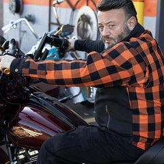 Milwaukee Leather Men’s Two-Tone CE Orange and Black Armored Flannel - Solid Front / Plaid Back - Reinforced w/ Aramid Fibers - MPM1672