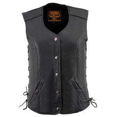 Milwaukee Leather LKL4700 Women's Black Premium Leather Side Laced  Motorcycle Biker Riders Vest w/ Snap Closure