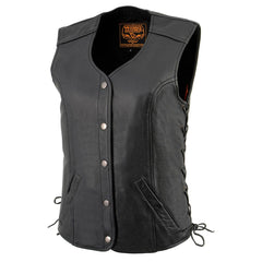 Milwaukee Leather LKL4700 Women's Black Premium Leather Side Laced  Motorcycle Biker Riders Vest w/ Snap Closure