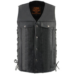 Milwaukee Leather LKM1360 Men's Black Leather Classic V-Neck Motorcycle Rider Vest w/ Snaps and Side Laces Closure