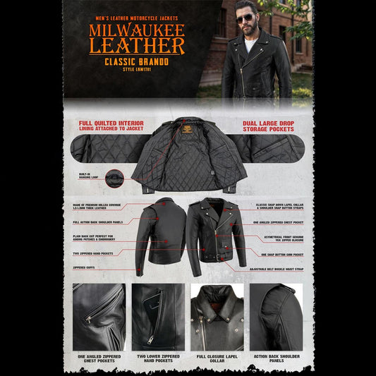 Milwaukee Leather LKM1781 Men's The Legend Classic Brando Black Premium Leather Motorcycle Jacket w/ Quilted Liner