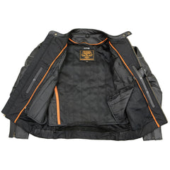 Milwaukee Leather LKM1785 Mens Black Leather Racer Style Motorcycle Jacket w/ Side Stretch and Reflective Piping