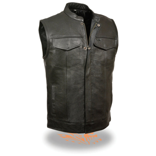 Milwaukee Leather LKM3710 Men's Black Leather Club Style Motorcycle Rider Vest w/ Zipper and Snap Button Closure
