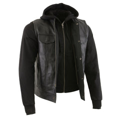 Milwaukee Leather LKM3714 Men's Black Leather Club Style Vest with Full Sleeve Hoodie and Quick Draw Pocket