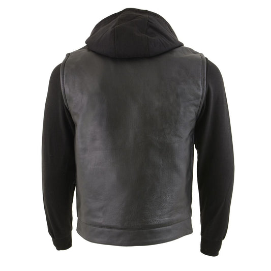 Milwaukee Leather LKM3714 Men's Black Club Style '2 in 1' Zipper Leather Vest with Removable Full Sleeve Hoodie