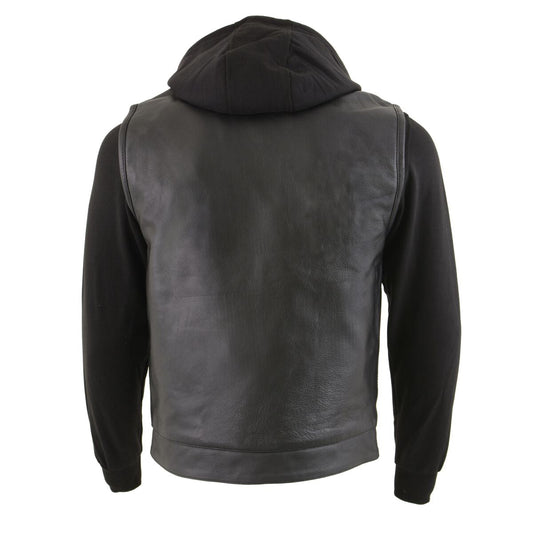Milwaukee Leather LKM3714 Men's Black Leather Club Style Vest with Full Sleeve Hoodie and Quick Draw Pocket