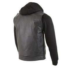 Milwaukee Leather LKM3714 Men's Black Leather Club Style Vest with Full Sleeve Hoodie and Quick Draw Pocket