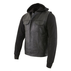 Milwaukee Leather LKM3714 Men's Black Leather Club Style Vest with Full Sleeve Hoodie and Quick Draw Pocket