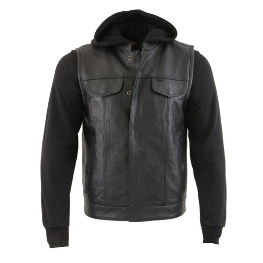 Milwaukee Leather LKM3714 Men's Black Club Style '2 in 1' Zipper Leather Vest with Removable Full Sleeve Hoodie