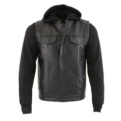 Milwaukee Leather LKM3714 Men's Black Leather Club Style Vest with Full Sleeve Hoodie and Quick Draw Pocket