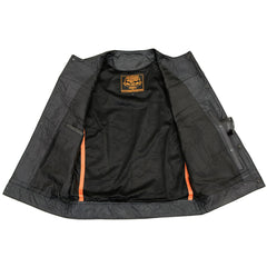 Milwaukee Leather LKM3721 Men's Black Leather Collarless Concealed Snap Closure Club Style Motorcycle Vest
