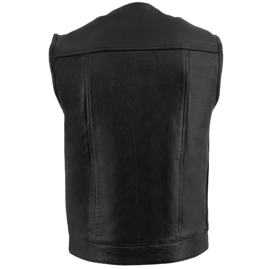 Milwaukee Leather LKM3721 Men's Black Leather Collarless Concealed Snap Closure Club Style Motorcycle Vest