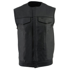 Milwaukee Leather LKM3721 Men's Black Leather Collarless Concealed Snap Closure Club Style Motorcycle Vest