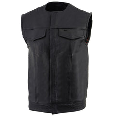 Milwaukee Leather LKM3721 Men's Black Leather Collarless Concealed Snap Closure Club Style Motorcycle Vest