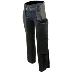 Milwaukee Leather LKM5782 Men's Black Leather Chaps-Dual Side Zipper Thigh Pockets Over Pants for Motorcycle Riders