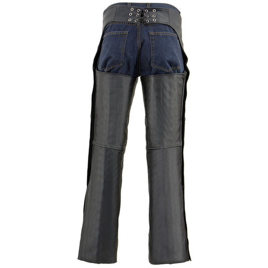 Milwaukee Leather LKM5782 Men's Black Leather Chaps-Dual Side Zipper Thigh Pockets Over Pants for Motorcycle Riders