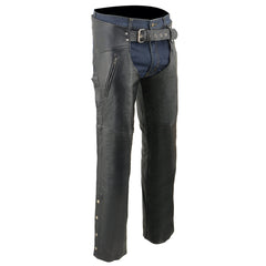 Milwaukee Leather LKM5782 Men's Black Leather Chaps-Dual Side Zipper Thigh Pockets Over Pants for Motorcycle Riders