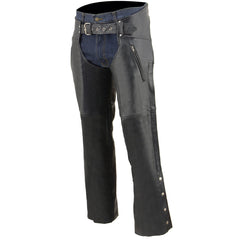 Milwaukee Leather LKM5782 Men's Black Leather Chaps-Dual Side Zipper Thigh Pockets Over Pants for Motorcycle Riders