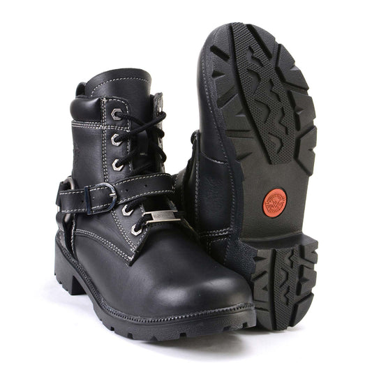 Milwaukee Leather MBL9312 Women's Black Leather Lace-Up 7-Inch Motorcycle Rider Boots w/ Buckle