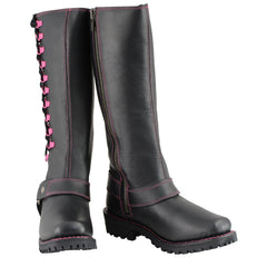 Milwaukee Leather MBL9367 Women's Black 14-inch Leather Harness Motorcycle Boots with Fuchsia Accent Lacing