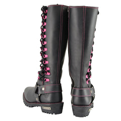 Milwaukee Leather MBL9367 Women's Black 14-inch Leather Harness Motorcycle Boots with Fuchsia Accent Lacing