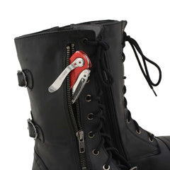 Milwaukee Leather MBL9369 Women's ‘Graze’ Black Leather Lace-Up Motorcycle Boots with Zipper Pocket