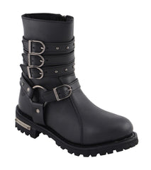 Milwaukee Leather MBL9399 Women's 9-Inch Triple Buckle Black Leather Harness Biker Boots with Side Zipper