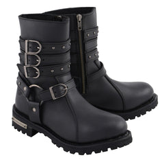 Milwaukee Leather MBL9399 Women's 9-Inch Triple Buckle Black Leather Harness Biker Boots with Side Zipper