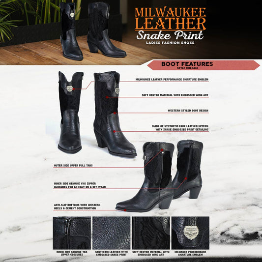 Milwaukee Leather MBL9441 Women's Black Western Style Fashion Boots with Black Snake Print