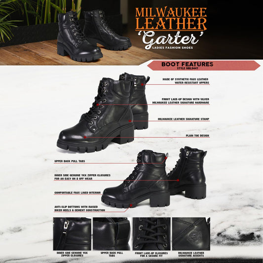 Milwaukee Leather MBL9447 Women's ‘Garter’ Black Lace-Up Fashion Motorcycle Boots