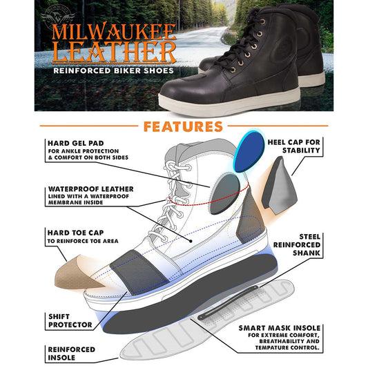 Milwaukee Leather MBM9002 Men's Black Leather Reinforced Street Biker Riding Shoes w/ Shift Protect | Ankle Support